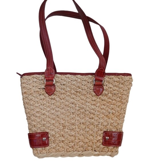 Brighton Bag Woven Natural Straw Red Croc Embossed Leather Floral Charm Dust Bag - Picture 13 of 14